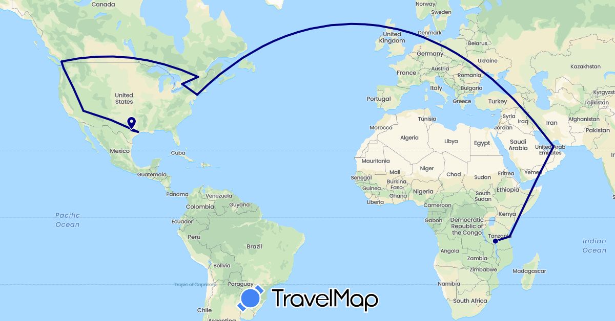 TravelMap itinerary: driving in United Arab Emirates, Canada, Tanzania, United States (Africa, Asia, North America)